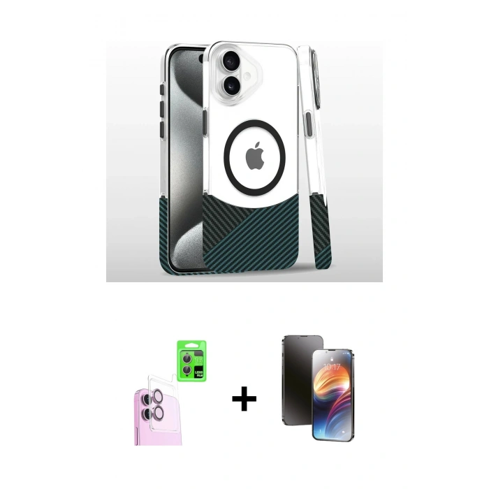 MARSİLYAN™- iPhone 16 Kılıf İz Asil Prime - Siyah 3D Antistatik Mat Seramik Nano Ekran Koruyucu + Raze Metal Kamera Lens - PE