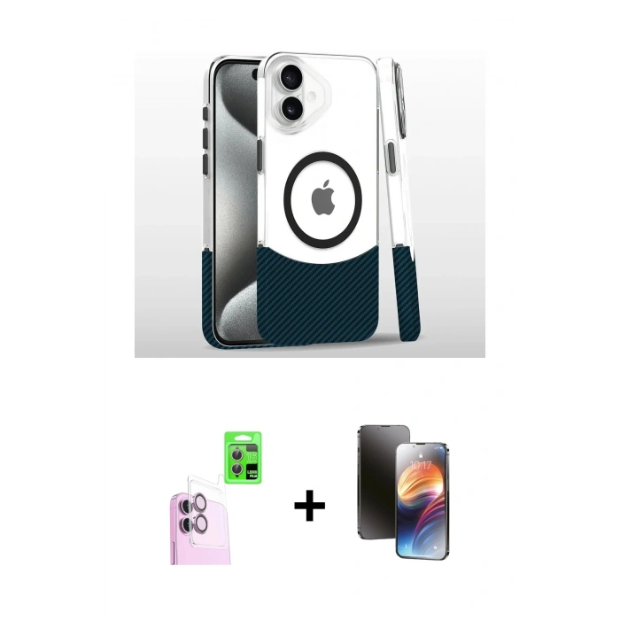 MARSİLYAN™- iPhone 16 Kılıf İz Asil Prime - Siyah 3D Antistatik Mat Seramik Nano Ekran Koruyucu + Raze Metal Kamera Lens - PE