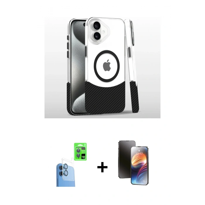 MARSİLYAN™- iPhone 16 Kılıf İz Asil Prime - Siyah 3D Antistatik Mat Seramik Nano Ekran Koruyucu + Raze Metal Kamera Lens - LT