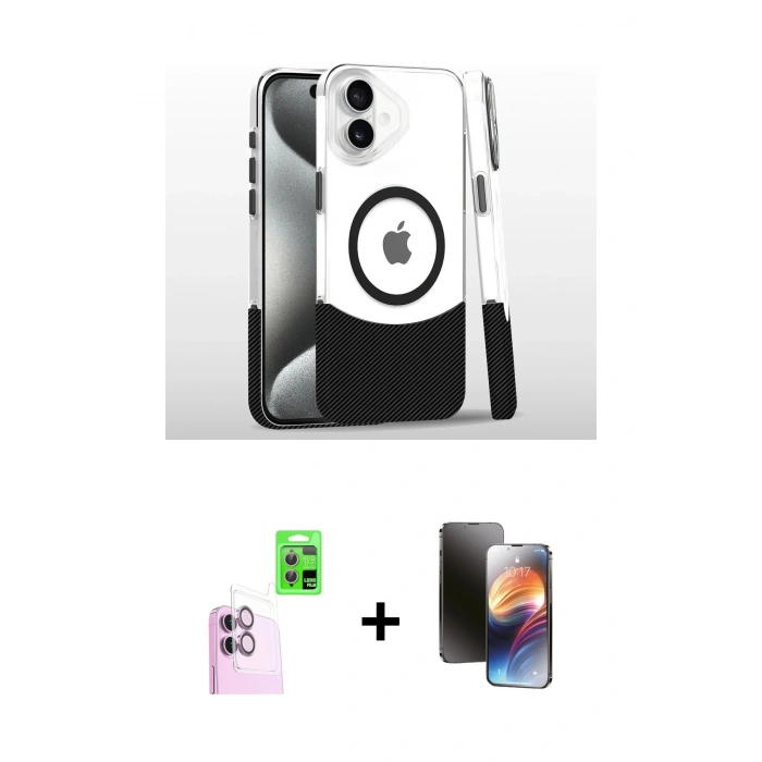 MARSİLYAN™- iPhone 16 Kılıf İz Asil Prime - Siyah 3D Antistatik Mat Seramik Nano Ekran Koruyucu + Raze Metal Kamera Lens - PE