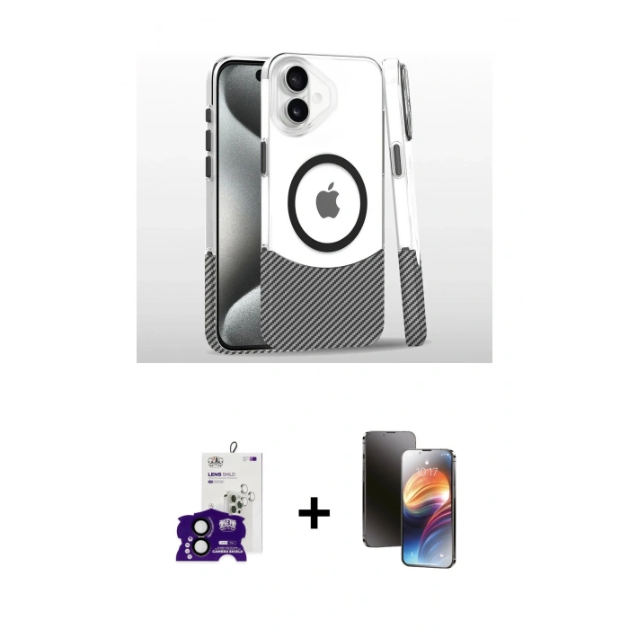 MARSİLYAN™- iPhone 16 Kılıf İz Asil Prime - Siyah 3D Antistatik Mat Seramik Nano Ekran Koruyucu + Bilvis Titan Kamera Lens - SH