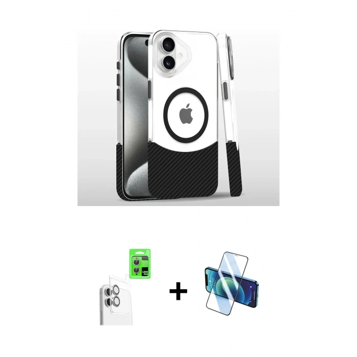MARSİLYAN™- iPhone 16 Kılıf İz Asil Prime - Siyah 3D Antistatik Seramik Nano Ekran Koruyucu + Raze Metal Kamera Lens - BZ