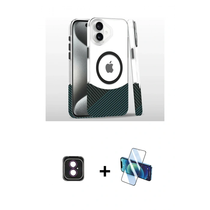MARSİLYAN™- iPhone 16 Kılıf İz Asil Prime - Siyah 3D Antistatik Seramik Nano Ekran Koruyucu + PVD Metal Kamera Lens - PE