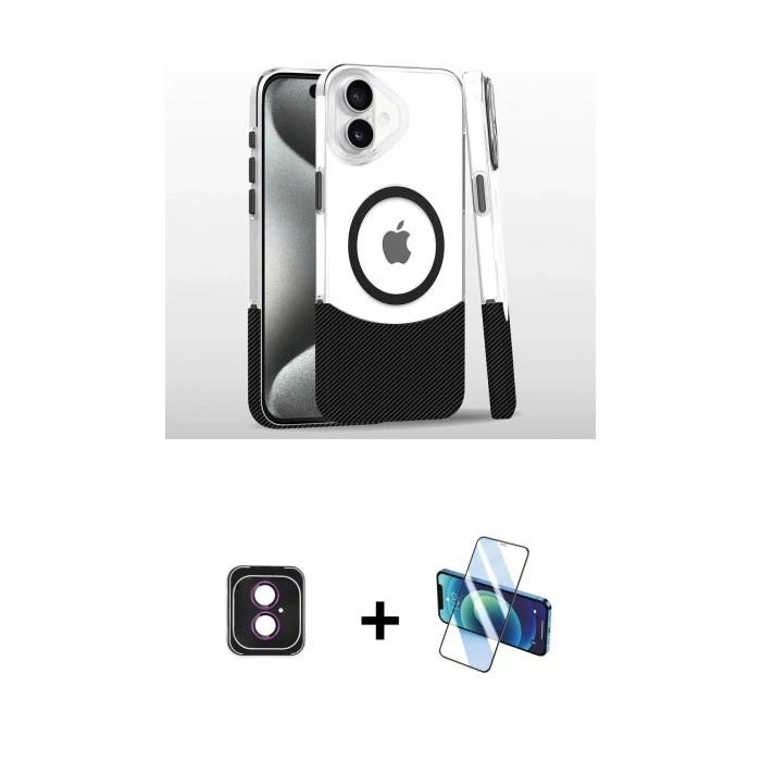 MARSİLYAN™- iPhone 16 Kılıf İz Asil Prime - Siyah 3D Antistatik Seramik Nano Ekran Koruyucu + PVD Metal Kamera Lens - PE