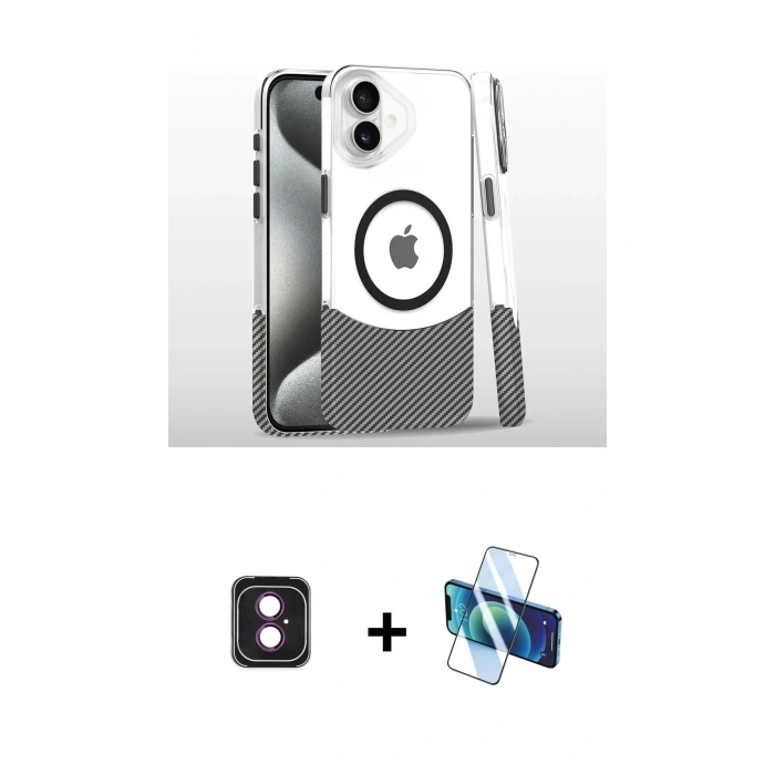 MARSİLYAN™- iPhone 16 Kılıf İz Asil Prime - Siyah 3D Antistatik Seramik Nano Ekran Koruyucu + PVD Metal Kamera Lens - PE