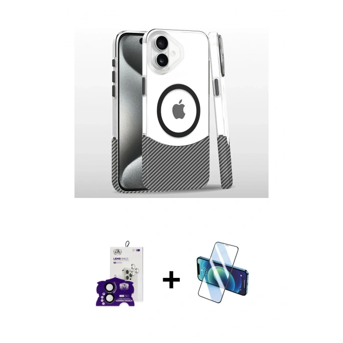 MARSİLYAN™- iPhone 16 Kılıf İz Asil Prime - Siyah 3D Antistatik Seramik Nano Ekran Koruyucu + Bilvis Titan Kamera Lens - SH