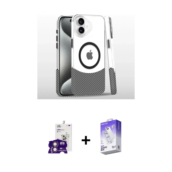 MARSİLYAN™- iPhone 16 Kılıf İz Asil Prime - Siyah Bilvis 5in1 3D Magic Cam Ekran Koruyucu + Bilvis Titan Kamera Lens - PE