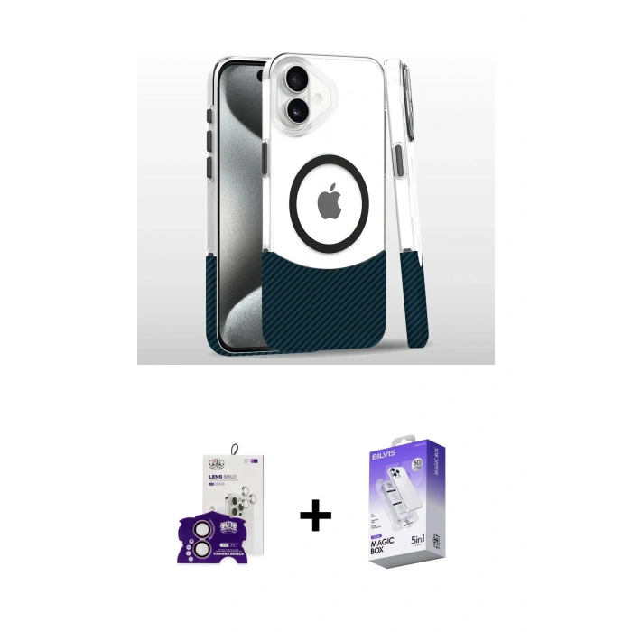 MARSİLYAN™- iPhone 16 Kılıf İz Asil Prime - Siyah Bilvis 5in1 3D Magic Cam Ekran Koruyucu + Bilvis Titan Kamera Lens - PE