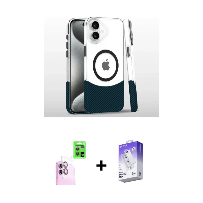 MARSİLYAN™- iPhone 16 Kılıf İz Asil Prime - Siyah Bilvis 5in1 3D Magic Cam Ekran Koruyucu + Raze Metal Kamera Lens - PE
