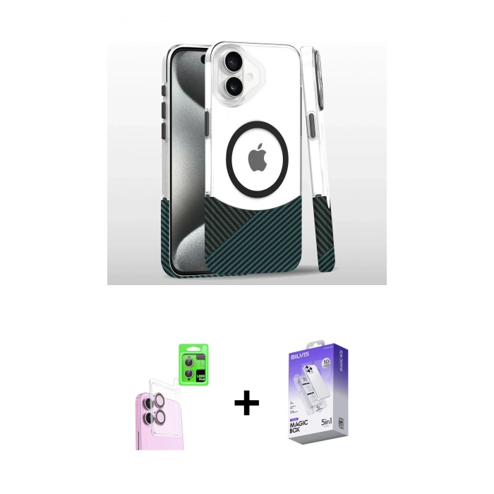 MARSİLYAN™- iPhone 16 Kılıf İz Asil Prime - Siyah Bilvis 5in1 3D Magic Cam Ekran Koruyucu + Raze Metal Kamera Lens - PE