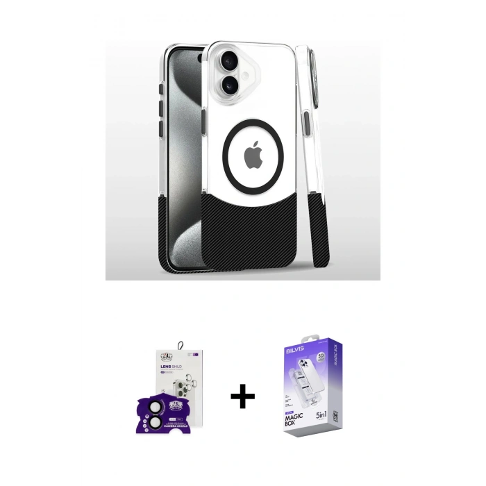 MARSİLYAN™- iPhone 16 Kılıf İz Asil Prime - Siyah Bilvis 5in1 3D Magic Cam Ekran Koruyucu + Siyah Bilvis Titan Kamera Lens