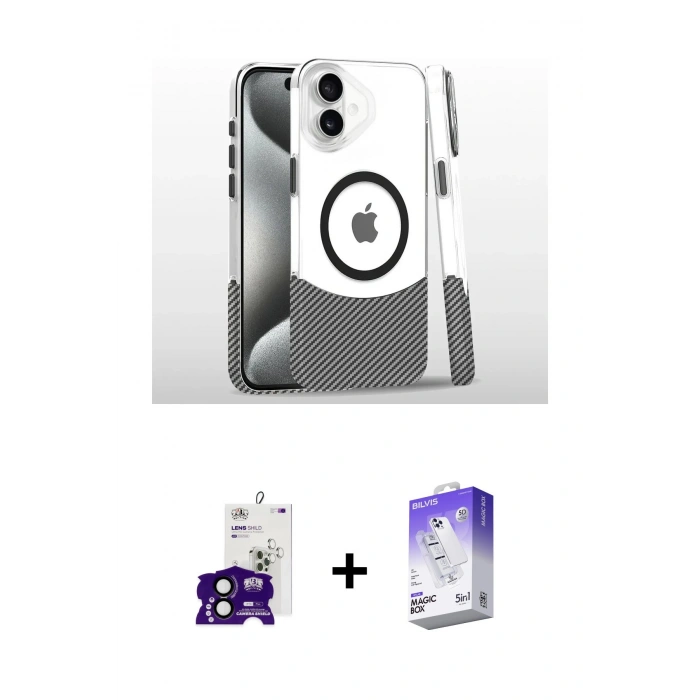 MARSİLYAN™- iPhone 16 Kılıf İz Asil Prime - Siyah Bilvis 5in1 3D Magic Cam Ekran Koruyucu + Siyah Bilvis Titan Kamera Lens