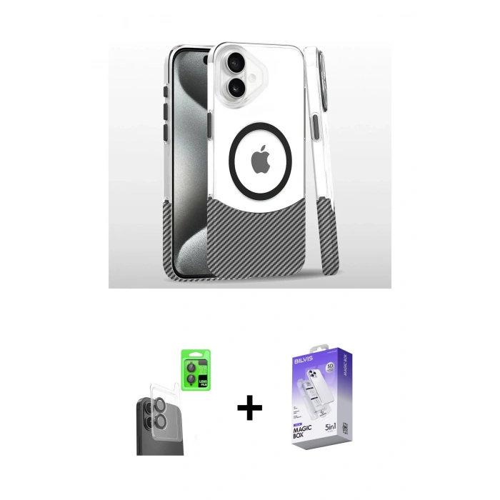 MARSİLYAN™- iPhone 16 Kılıf İz Asil Prime - Siyah Bilvis 5in1 3D Magic Cam Ekran Koruyucu + Raze Metal Kamera Lens - SH