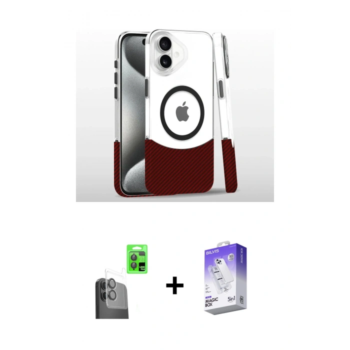 MARSİLYAN™- iPhone 16 Kılıf İz Asil Prime - Siyah Bilvis 5in1 3D Magic Cam Ekran Koruyucu + Raze Metal Kamera Lens - SH