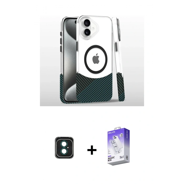 MARSİLYAN™- iPhone 16 Kılıf İz Asil Prime - Siyah Bilvis 5in1 3D Magic Cam Ekran Koruyucu + Yeşil PVD Metal Kamera Lens