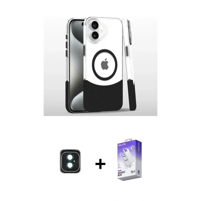 MARSİLYAN™- iPhone 16 Kılıf İz Asil Prime - Siyah Bilvis 5in1 3D Magic Cam Ekran Koruyucu + Yeşil PVD Metal Kamera Lens