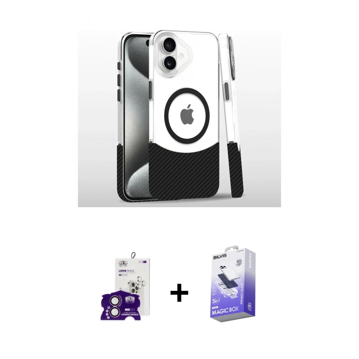 MARSİLYAN™- iPhone 16 Kılıf İz Asil Prime - Siyah Bilvis 5in1 5D Magic Hayalet Cam Ekran Koruyucu + Bilvis Titan Kamera Lens - PE