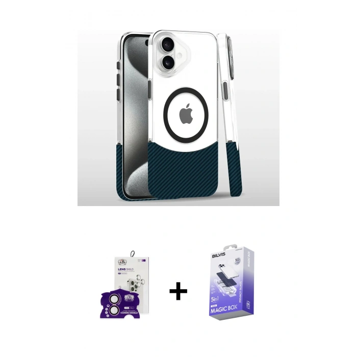 MARSİLYAN™- iPhone 16 Kılıf İz Asil Prime - Siyah Bilvis 5in1 5D Magic Hayalet Cam Ekran Koruyucu + Bilvis Titan Kamera Lens - PE