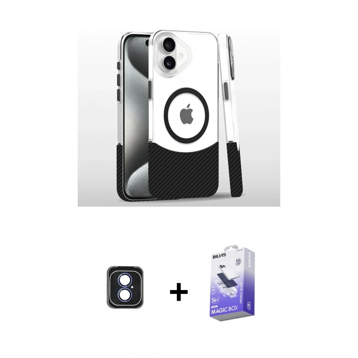MARSİLYAN™- iPhone 16 Kılıf İz Asil Prime - Siyah Bilvis 5in1 5D Magic Hayalet Cam Ekran Koruyucu + Mavi PVD Metal Kamera Lens