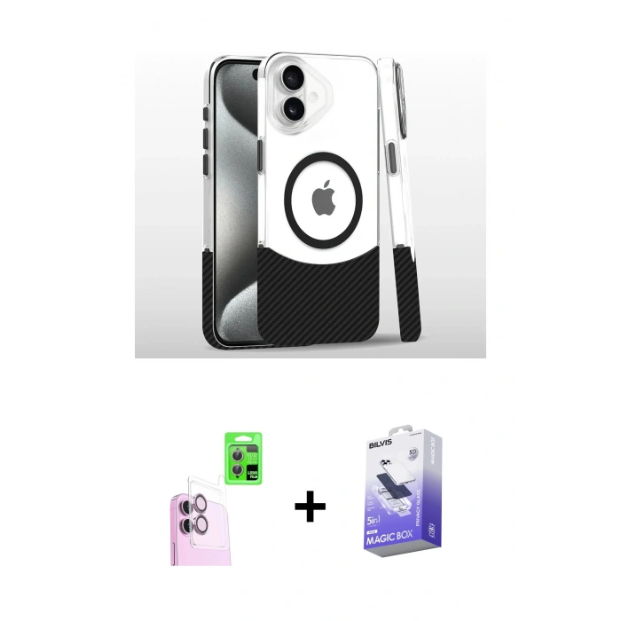 MARSİLYAN™- iPhone 16 Kılıf İz Asil Prime - Siyah Bilvis 5in1 5D Magic Hayalet Cam Ekran Koruyucu + Raze Metal Kamera Lens - PE