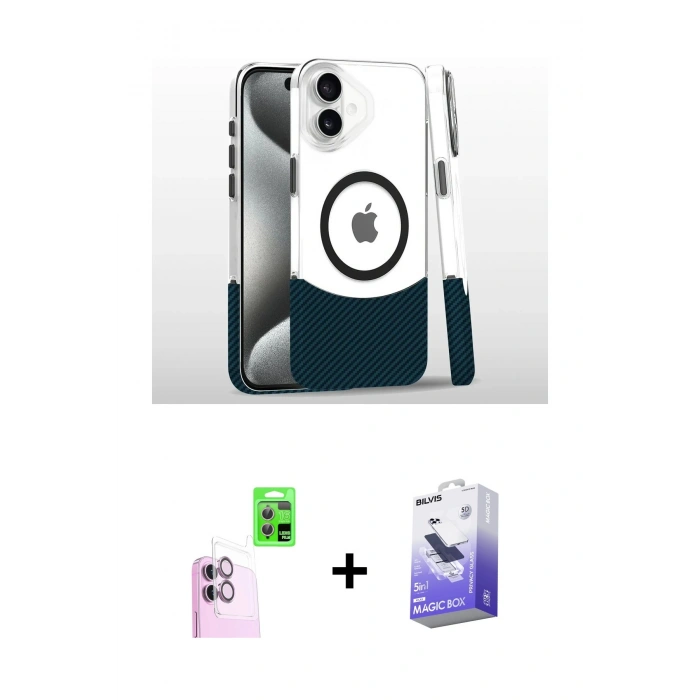 MARSİLYAN™- iPhone 16 Kılıf İz Asil Prime - Siyah Bilvis 5in1 5D Magic Hayalet Cam Ekran Koruyucu + Raze Metal Kamera Lens - PE
