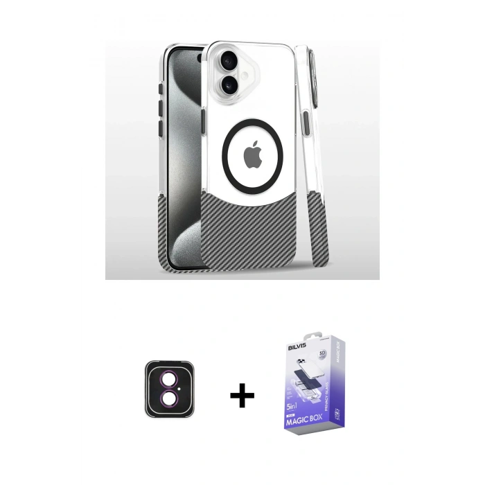 MARSİLYAN™- iPhone 16 Kılıf İz Asil Prime - Siyah Bilvis 5in1 5D Magic Hayalet Cam Ekran Koruyucu + PVD Metal Kamera Lens - PE