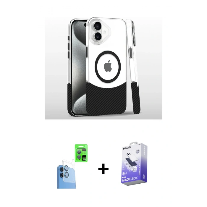 MARSİLYAN™- iPhone 16 Kılıf İz Asil Prime - Siyah Bilvis 5in1 5D Magic Hayalet Cam Ekran Koruyucu + Raze Metal Kamera Lens - LT