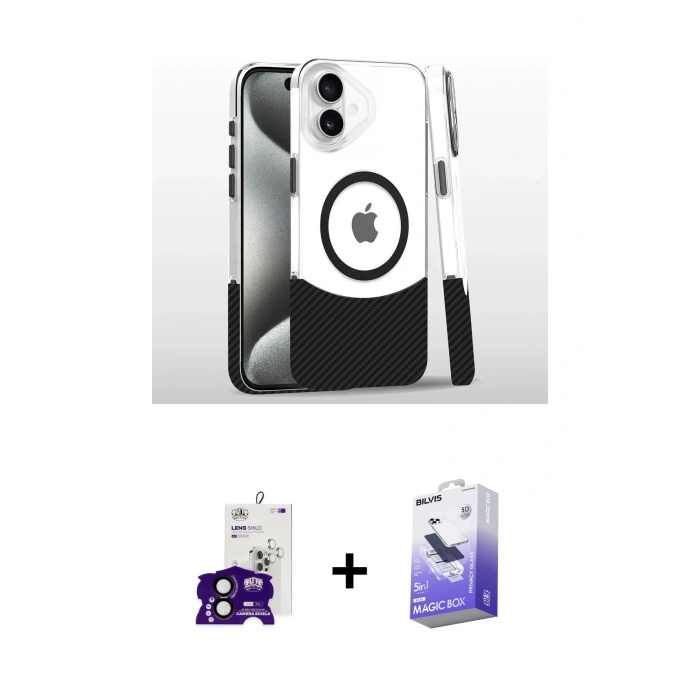 MARSİLYAN™- iPhone 16 Kılıf İz Asil Prime - Siyah Bilvis 5in1 5D Magic Hayalet Cam Ekran Koruyucu + Siyah Bilvis Titan Kamera Lens
