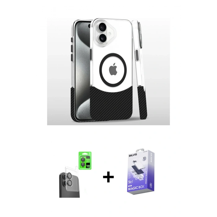 MARSİLYAN™- iPhone 16 Kılıf İz Asil Prime - Siyah Bilvis 5in1 5D Magic Hayalet Cam Ekran Koruyucu + Raze Metal Kamera Lens - SH
