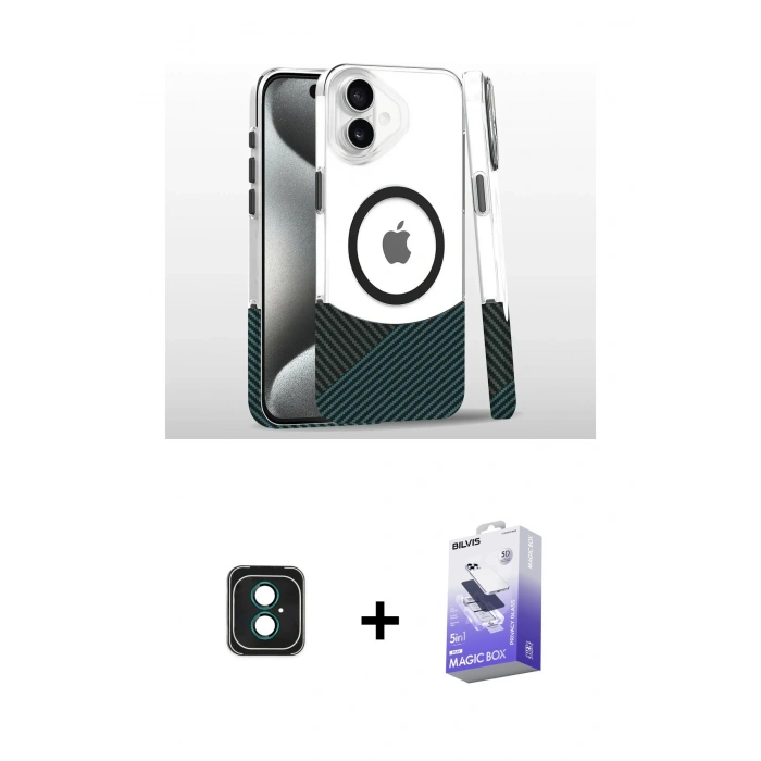 MARSİLYAN™- iPhone 16 Kılıf İz Asil Prime - Siyah Bilvis 5in1 5D Magic Hayalet Cam Ekran Koruyucu + PVD Metal Kamera Lens - YL