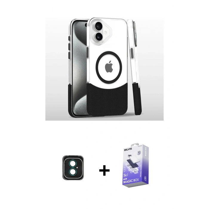 MARSİLYAN™- iPhone 16 Kılıf İz Asil Prime - Siyah Bilvis 5in1 5D Magic Hayalet Cam Ekran Koruyucu + PVD Metal Kamera Lens - YL