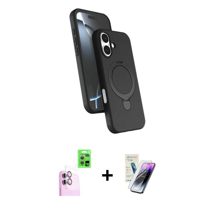 MARSİLYAN™- iPhone 16 Kılıf İz Işık Koleksiyonu - Şeffaf Pasifik Cam Ekran Koruyucu + Raze Metal Kamera Lens - PE