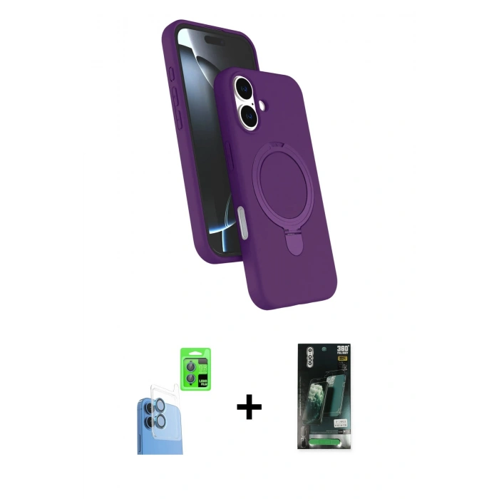 MARSİLYAN™- iPhone 16 Kılıf İz Işık Koleksiyonu - Siyah 360 Mat Full Body Arka Koruyucu + Raze Metal Kamera Lens - LT