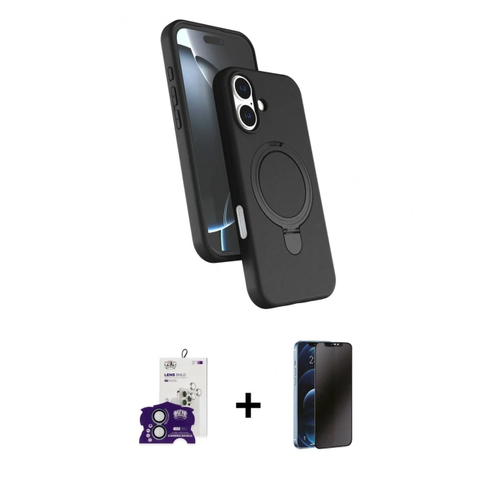 MARSİLYAN™- iPhone 16 Kılıf İz Işık Koleksiyonu - Siyah 3D Antistatik Hayalet Cam Ekran Koruyucu + Bilvis Titan Kamera Lens - YL