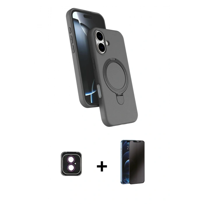 MARSİLYAN™- iPhone 16 Kılıf İz Işık Koleksiyonu - Siyah 3D Antistatik Hayalet Cam Ekran Koruyucu + PVD Metal Kamera Lens - PE