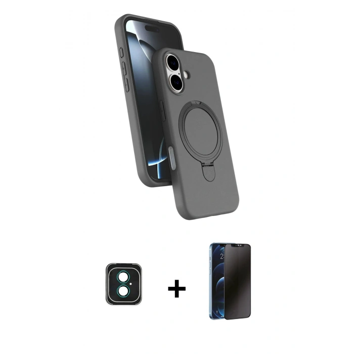 MARSİLYAN™- iPhone 16 Kılıf İz Işık Koleksiyonu - Siyah 3D Antistatik Hayalet Cam Ekran Koruyucu + PVD Metal Kamera Lens - YL