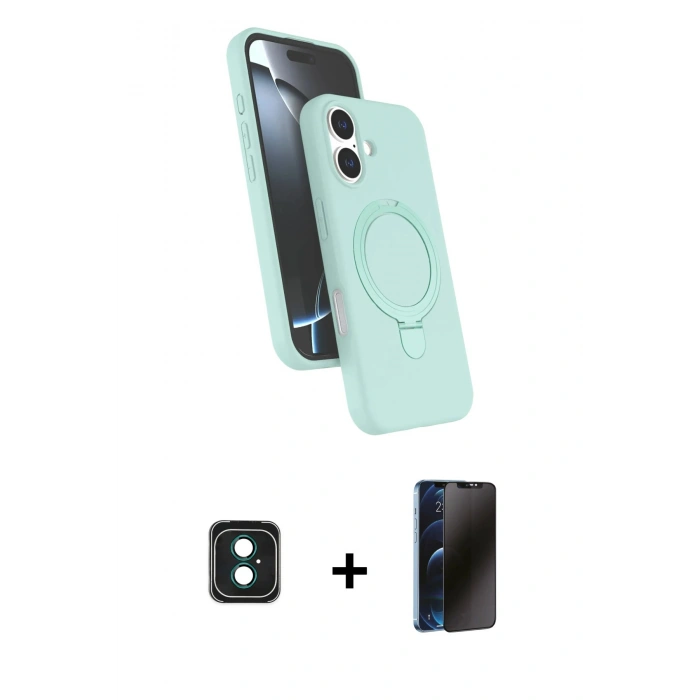 MARSİLYAN™- iPhone 16 Kılıf İz Işık Koleksiyonu - Siyah 3D Antistatik Hayalet Cam Ekran Koruyucu + PVD Metal Kamera Lens - YL