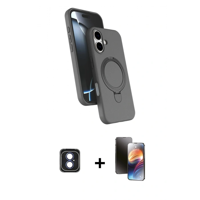 MARSİLYAN™- iPhone 16 Kılıf İz Işık Koleksiyonu - Siyah 3D Antistatik Mat Seramik Nano Ekran Koruyucu + PVD Metal Kamera Lens - MI