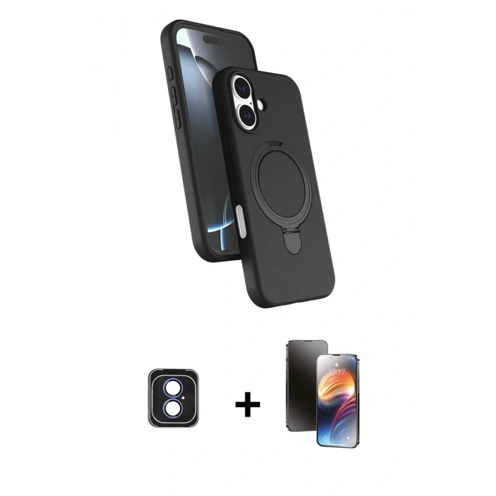 MARSİLYAN™- iPhone 16 Kılıf İz Işık Koleksiyonu - Siyah 3D Antistatik Mat Seramik Nano Ekran Koruyucu + PVD Metal Kamera Lens - MI