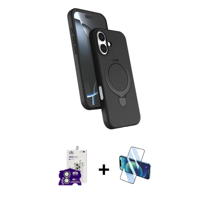 MARSİLYAN™- iPhone 16 Kılıf İz Işık Koleksiyonu - Siyah 3D Antistatik Seramik Nano Ekran Koruyucu + Bilvis Titan Kamera Lens - GS