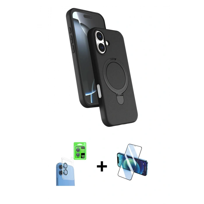 MARSİLYAN™- iPhone 16 Kılıf İz Işık Koleksiyonu - Siyah 3D Antistatik Seramik Nano Ekran Koruyucu + Raze Metal Kamera Lens - LT