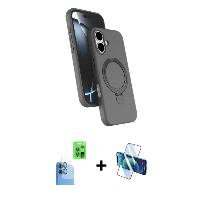 MARSİLYAN™- iPhone 16 Kılıf İz Işık Koleksiyonu - Siyah 3D Antistatik Seramik Nano Ekran Koruyucu + Raze Metal Kamera Lens - LT