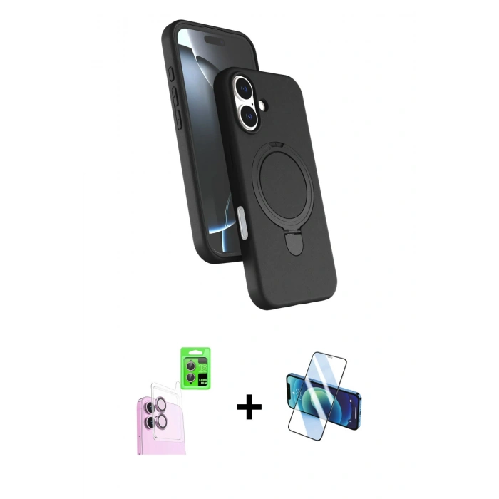 MARSİLYAN™- iPhone 16 Kılıf İz Işık Koleksiyonu - Siyah 3D Antistatik Seramik Nano Ekran Koruyucu + Raze Metal Kamera Lens - PE