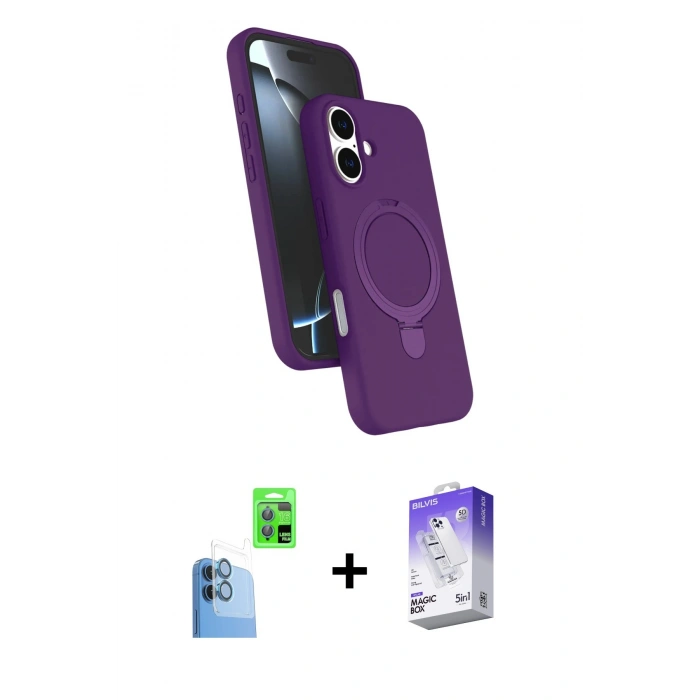 MARSİLYAN™- iPhone 16 Kılıf İz Işık Koleksiyonu - Siyah Bilvis 5in1 3D Magic Cam Ekran Koruyucu + Raze Metal Kamera Lens - LT
