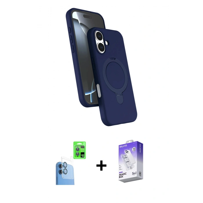 MARSİLYAN™- iPhone 16 Kılıf İz Işık Koleksiyonu - Siyah Bilvis 5in1 3D Magic Cam Ekran Koruyucu + Raze Metal Kamera Lens - LT