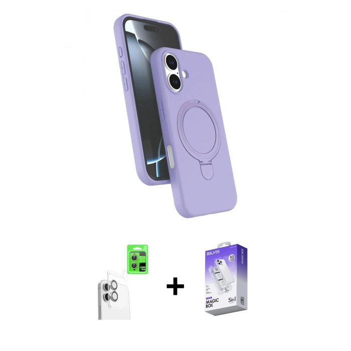 MARSİLYAN™- iPhone 16 Kılıf İz Işık Koleksiyonu - Siyah Bilvis 5in1 3D Magic Cam Ekran Koruyucu + Raze Metal Kamera Lens - BZ