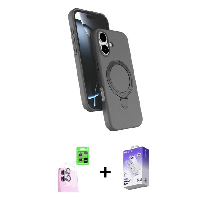 MARSİLYAN™- iPhone 16 Kılıf İz Işık Koleksiyonu - Siyah Bilvis 5in1 3D Magic Cam Ekran Koruyucu + Raze Metal Kamera Lens - PE