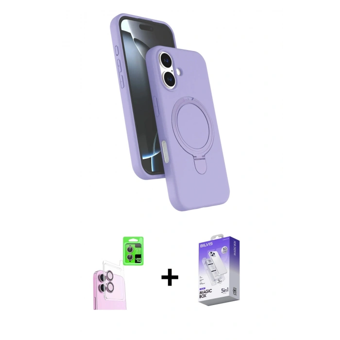 MARSİLYAN™- iPhone 16 Kılıf İz Işık Koleksiyonu - Siyah Bilvis 5in1 3D Magic Cam Ekran Koruyucu + Raze Metal Kamera Lens - PE
