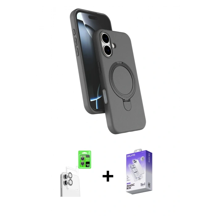 MARSİLYAN™- iPhone 16 Kılıf İz Işık Koleksiyonu - Siyah Bilvis 5in1 3D Magic Cam Ekran Koruyucu + Raze Metal Kamera Lens - BZ