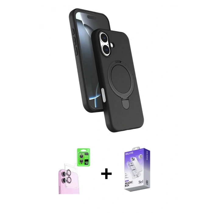 MARSİLYAN™- iPhone 16 Kılıf İz Işık Koleksiyonu - Siyah Bilvis 5in1 3D Magic Cam Ekran Koruyucu + Raze Metal Kamera Lens - PE
